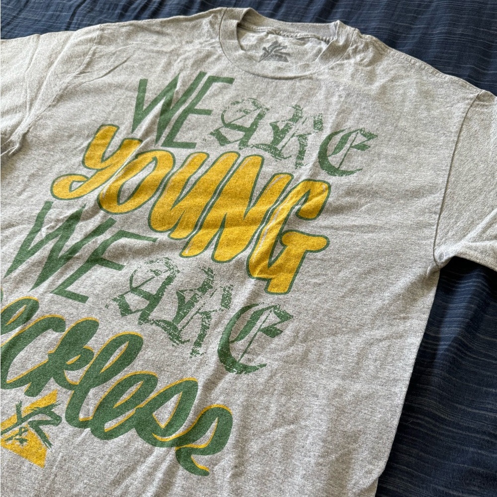 Men’s T-shirt “WE ARE YOUNG WE ARE RECKLESS” Size Large Gray Green Yellow